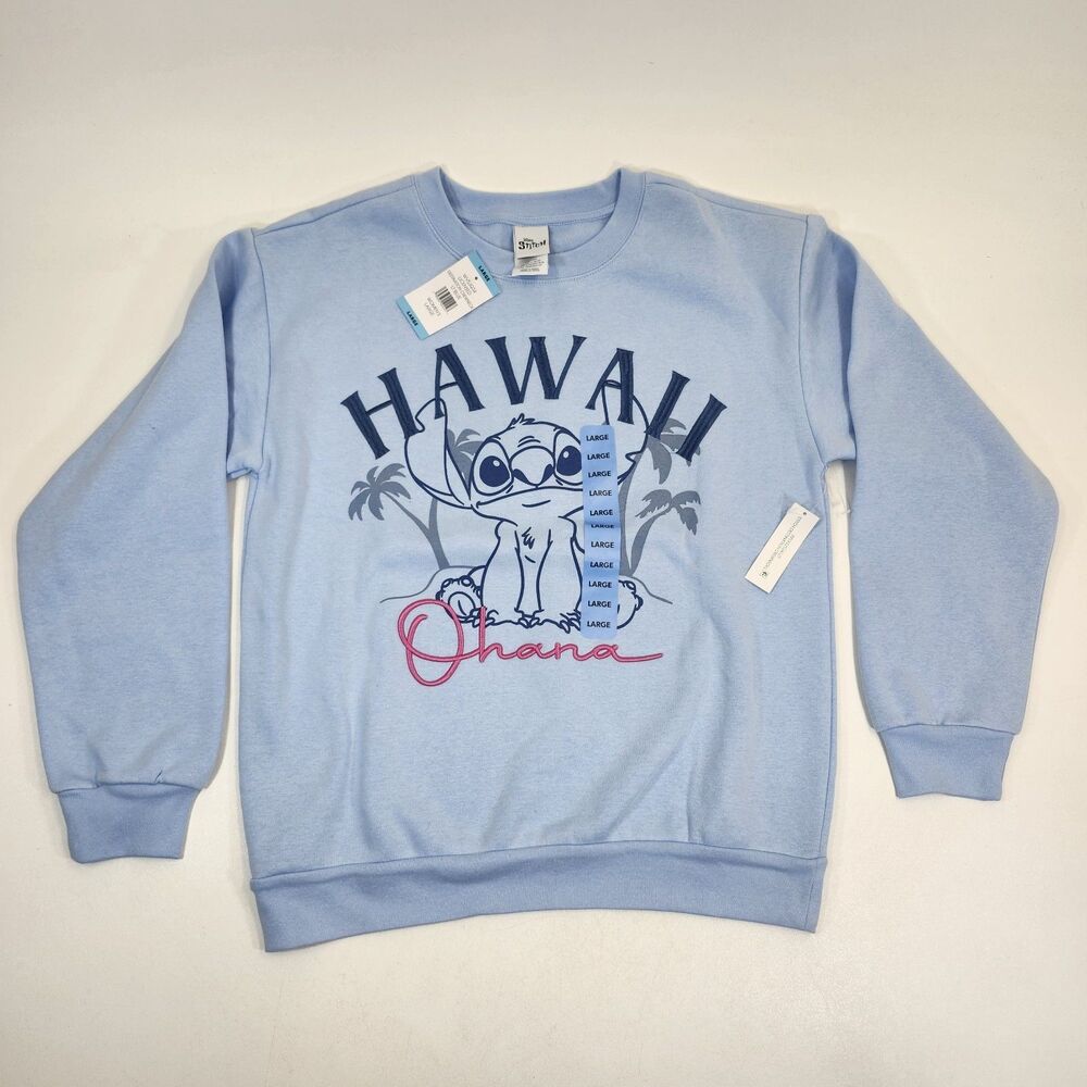 Disney Stitch Hawaii Sweatshirt Women Size Large Blue Graphic Long Sleeve NWT